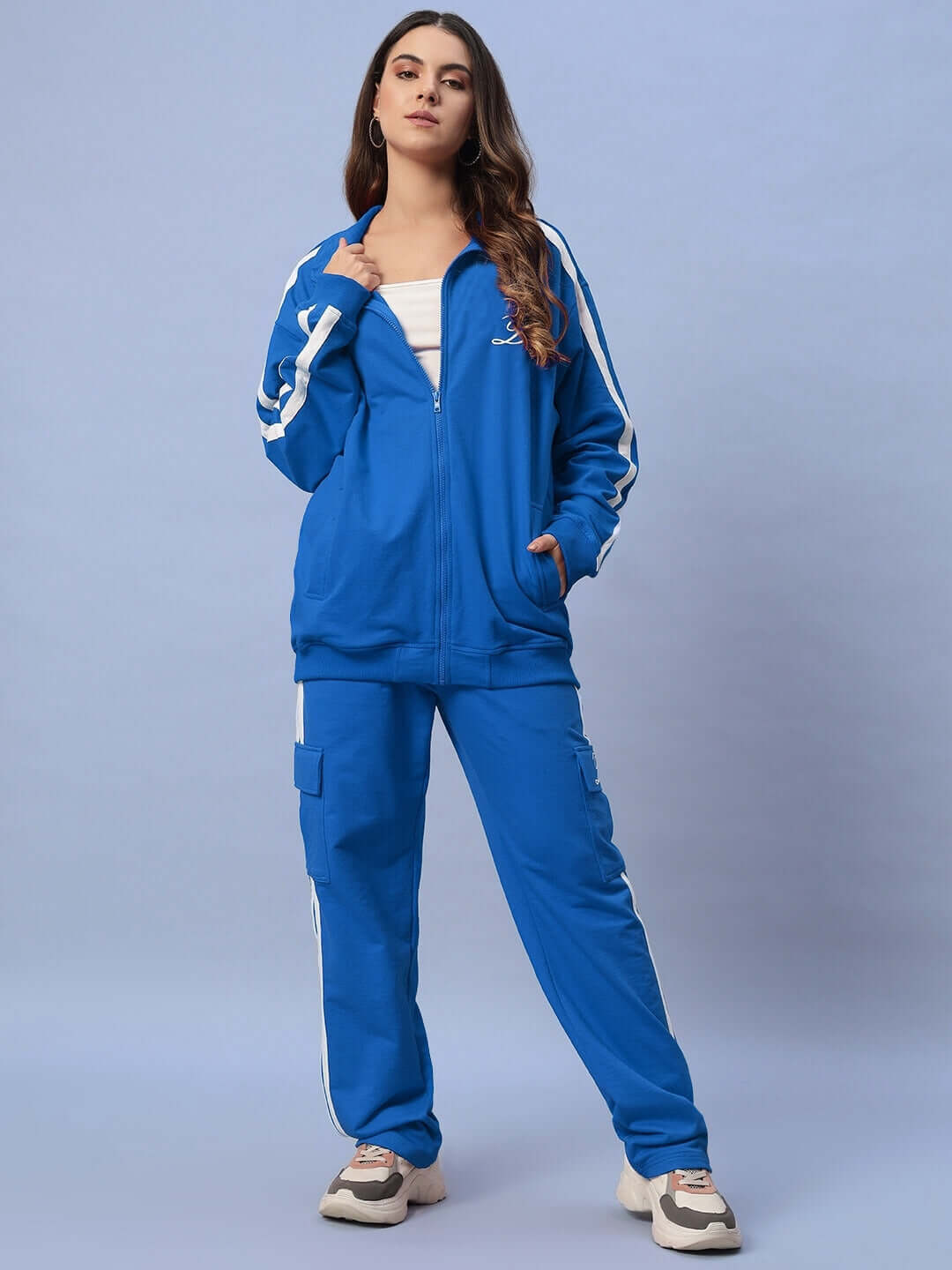Woman wearing the Women's Scotia Co-Ord Set in royal blue, made from premium heavy gauge fabric, 100% cotton. Fashionable and comfortable.