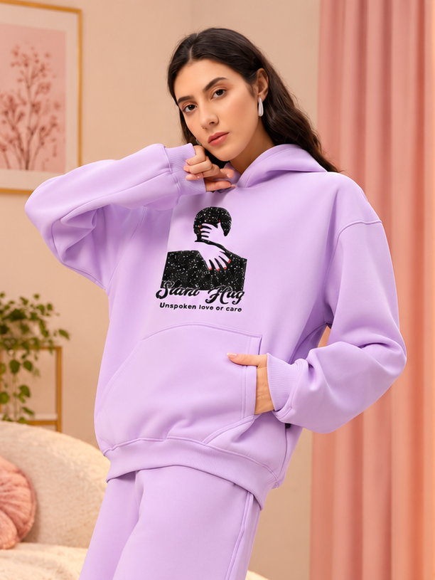 WOMENS SILENT HUG PRINTED FLEECE HOODIE LILAC