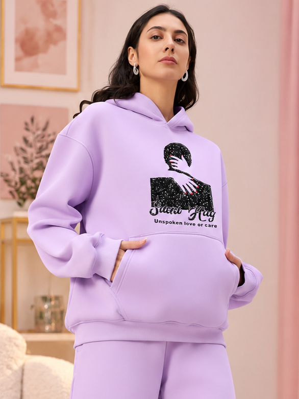 WOMENS SILENT HUG PRINTED FLEECE HOODIE LILAC