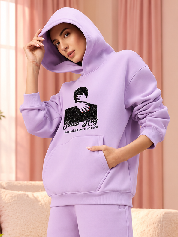 WOMENS SILENT HUG PRINTED FLEECE HOODIE LILAC