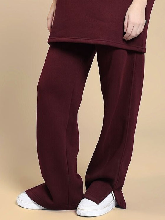 WOMEN'S SKODA COTTON FLEECE JOGGER MAROON with wide leg design, ideal for casual wear, featuring sleek maroon color and comfortable fit.