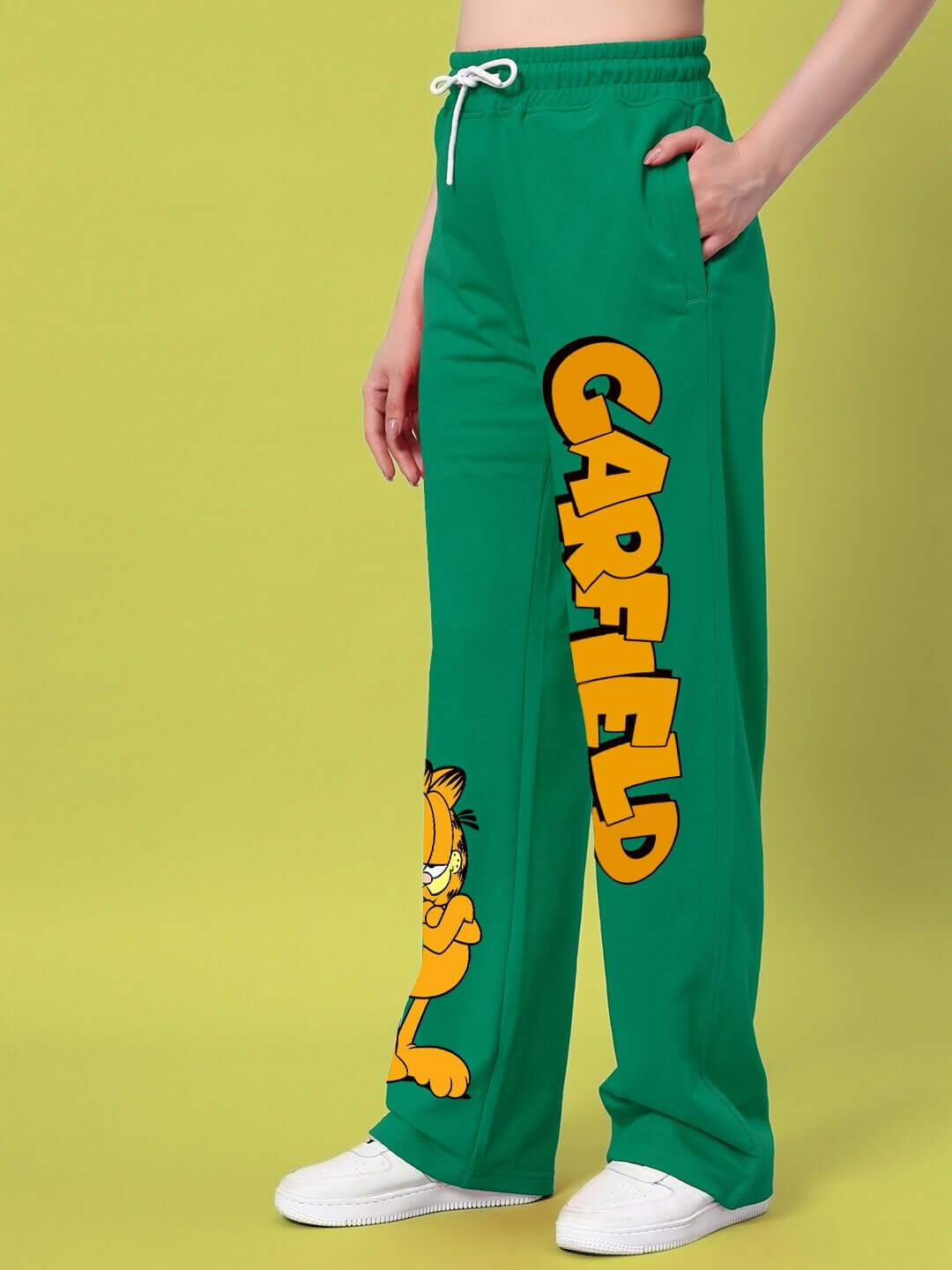 Green Women's Garfield Relaxed Fit Jogger with cartoon print and adjustable waistband, custom fit available.