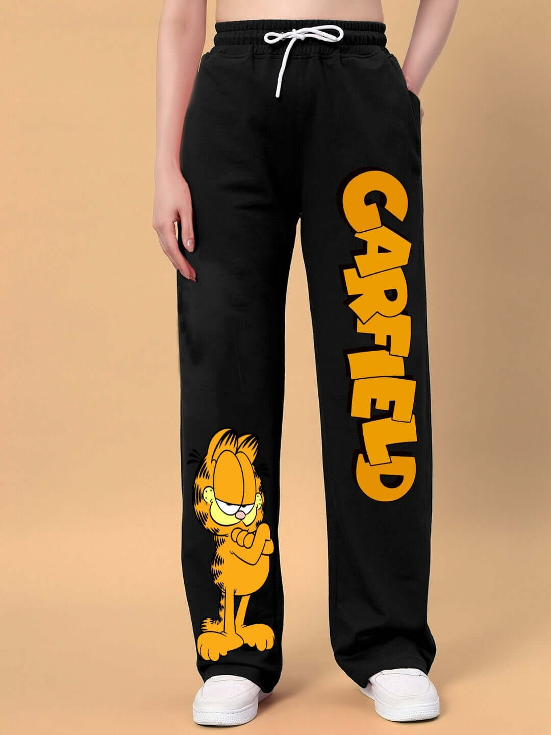 Women's black joggers featuring a relaxed fit with a Smug Garfield design, made to order by DUDS tailors. Custom fit options available.