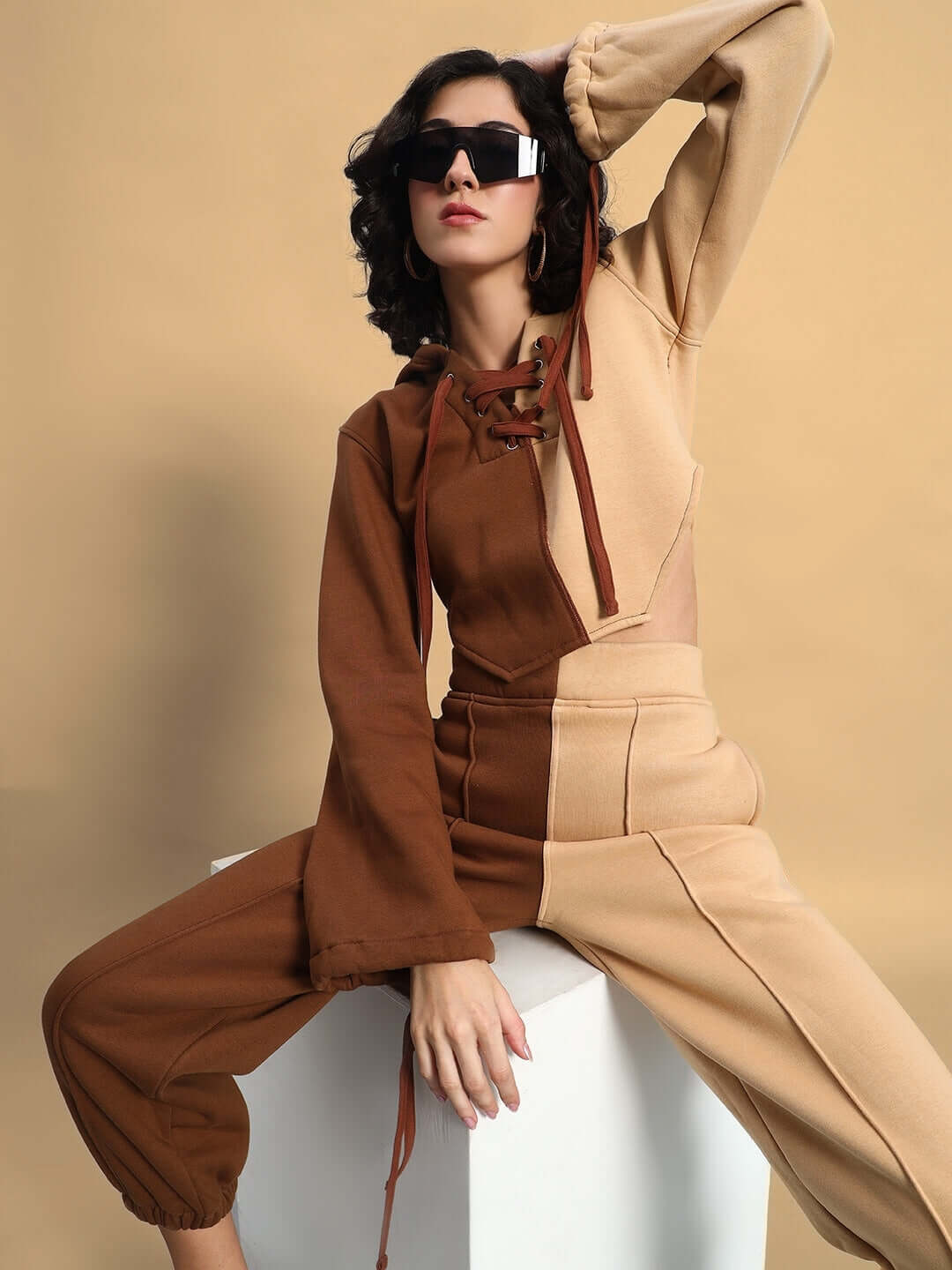 Model wearing Women's Sophia Co-Ord Set in beige-brown, showcasing chic casual style with a relaxed fit and comfortable fabric.