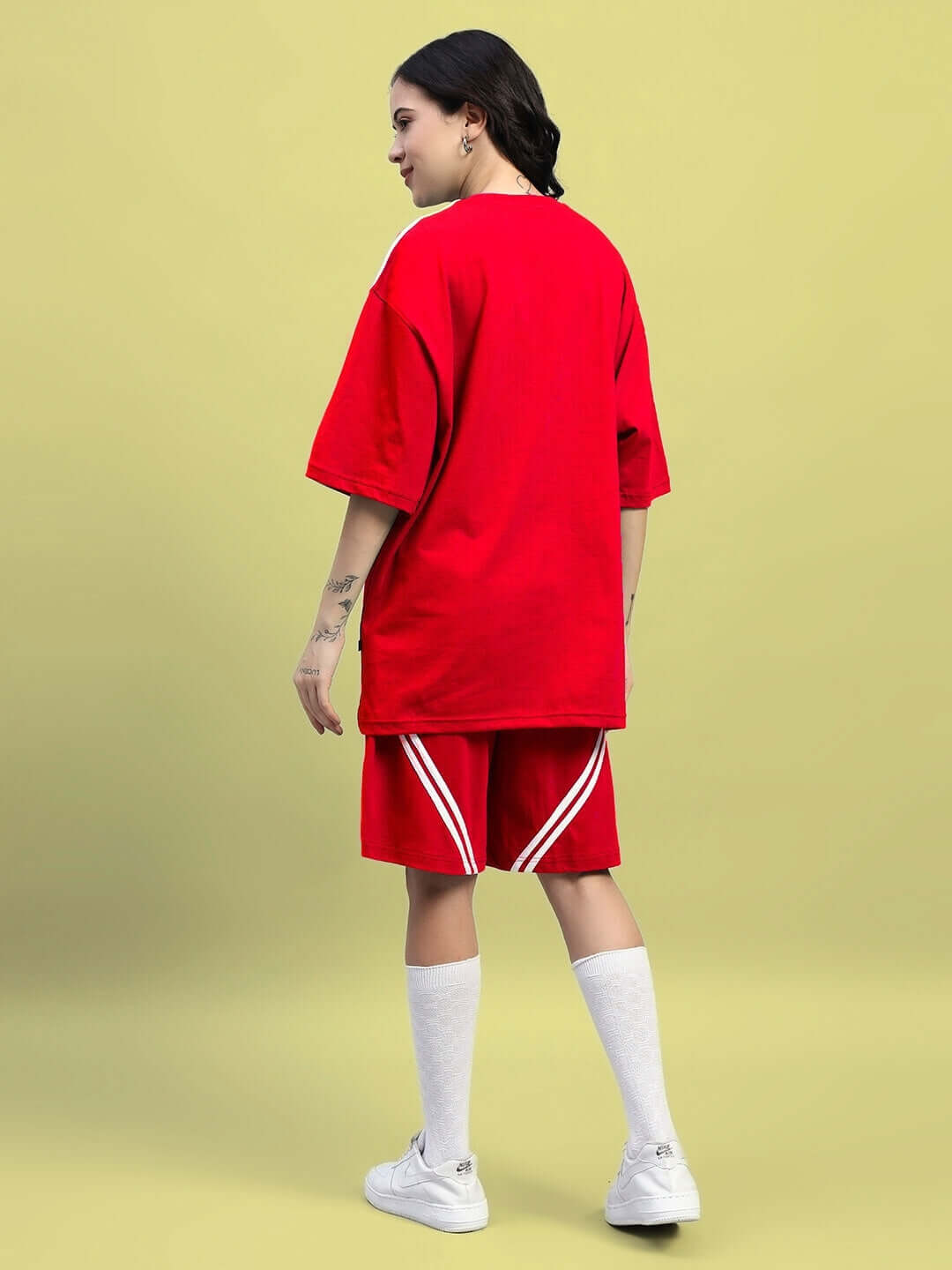 Women's star jumper summer co-ord set in red, featuring shorts and oversized top, made from premium cotton terry lycra blend, perfect for casual wear.