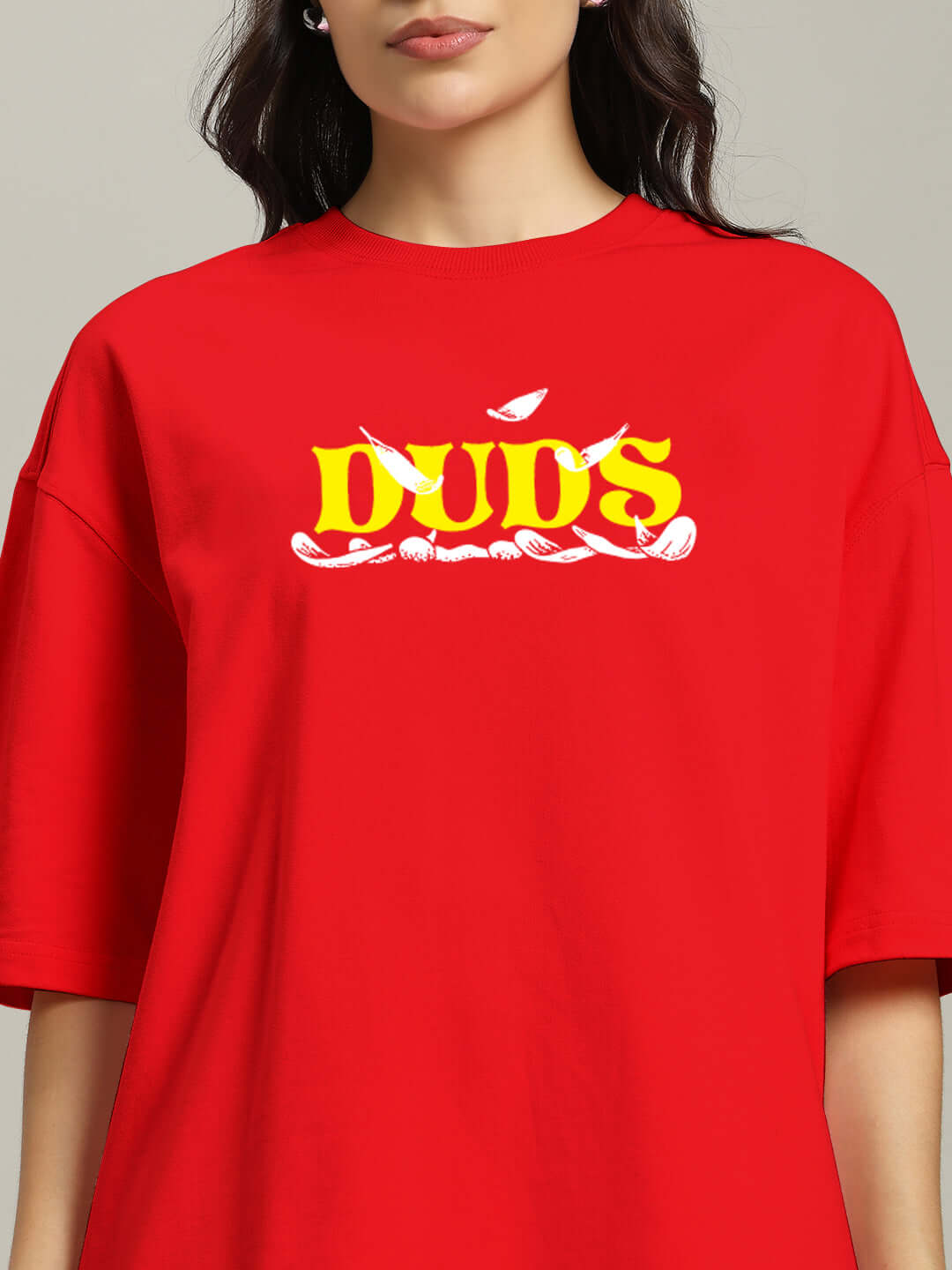 Red oversized women's T-shirt with 'DUDS' print, made from premium cotton French terry, perfect for casual and comfortable wear.