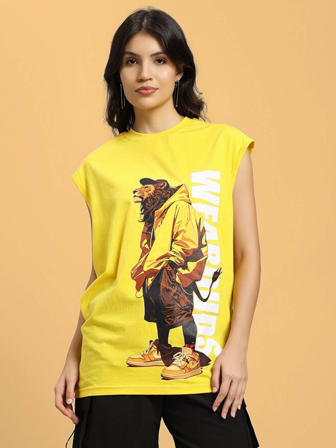 Yellow Women's Street Lion Gym T-Shirt featuring a graphic of a lion in urban attire, highlighting style and versatility for workouts.