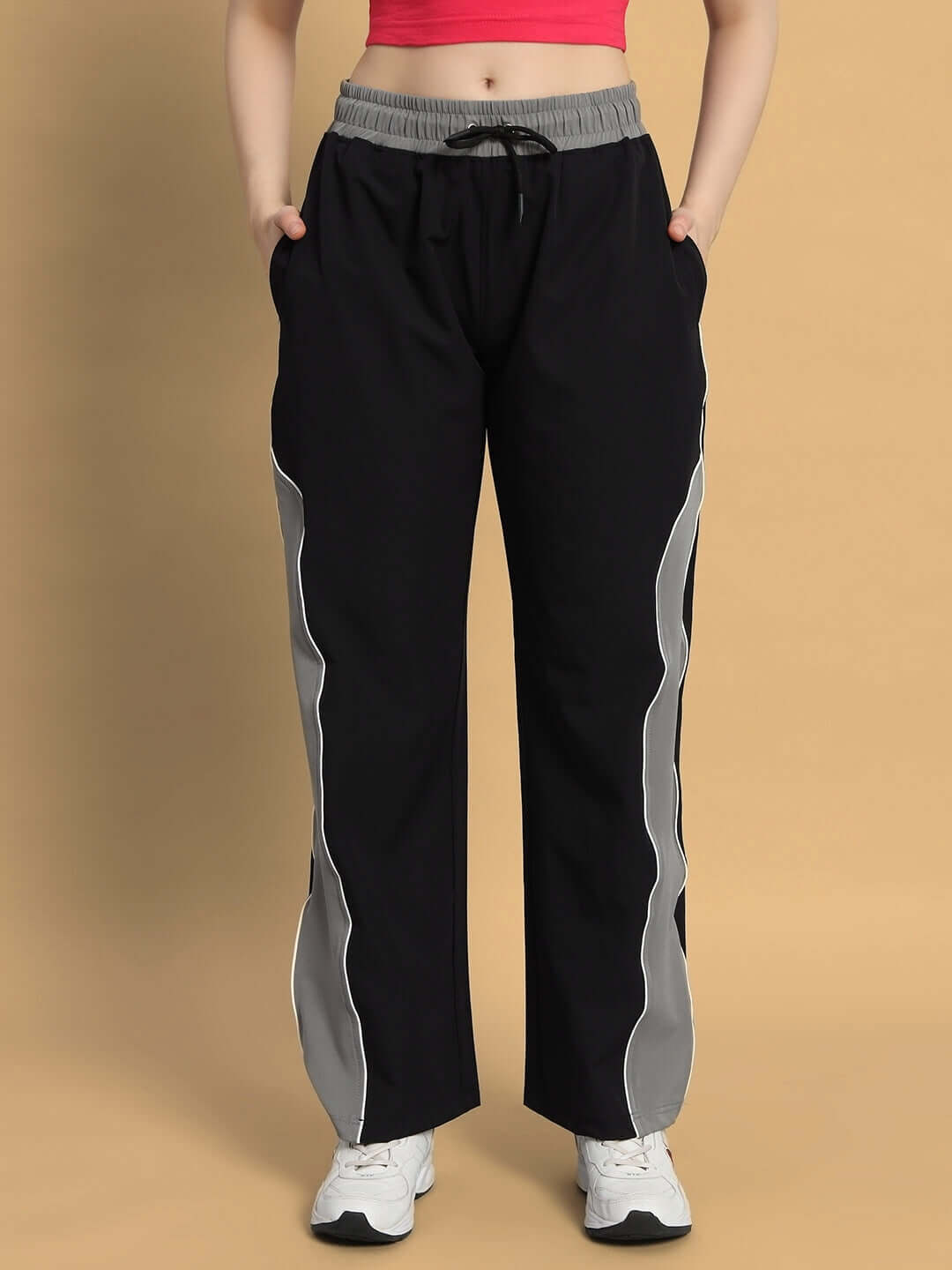 Women's Strom relaxed fit cargo pants in black-grey, featuring customizable size options and handmade craftsmanship for a perfect fit.