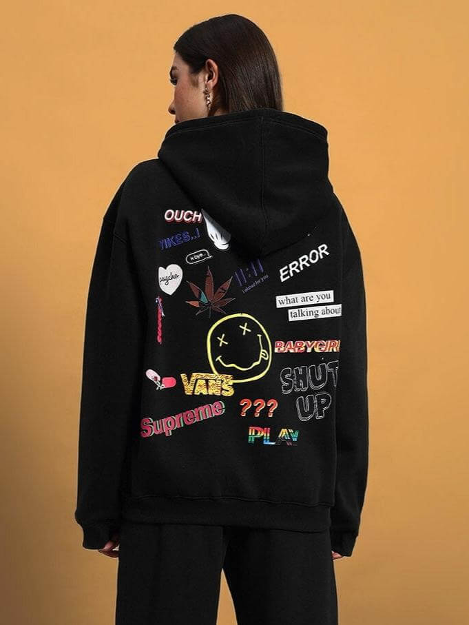 Back view of WOMEN SUPREME FLEECE HOODIE BLACK with graphic designs, perfect for custom fit options and tailored by DUDS tailors.