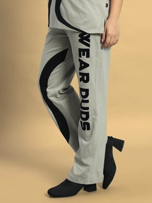 Women's Surfing Jogger in Grey by DUDS, featuring bold black lettering and custom fit option for personalized sizing.