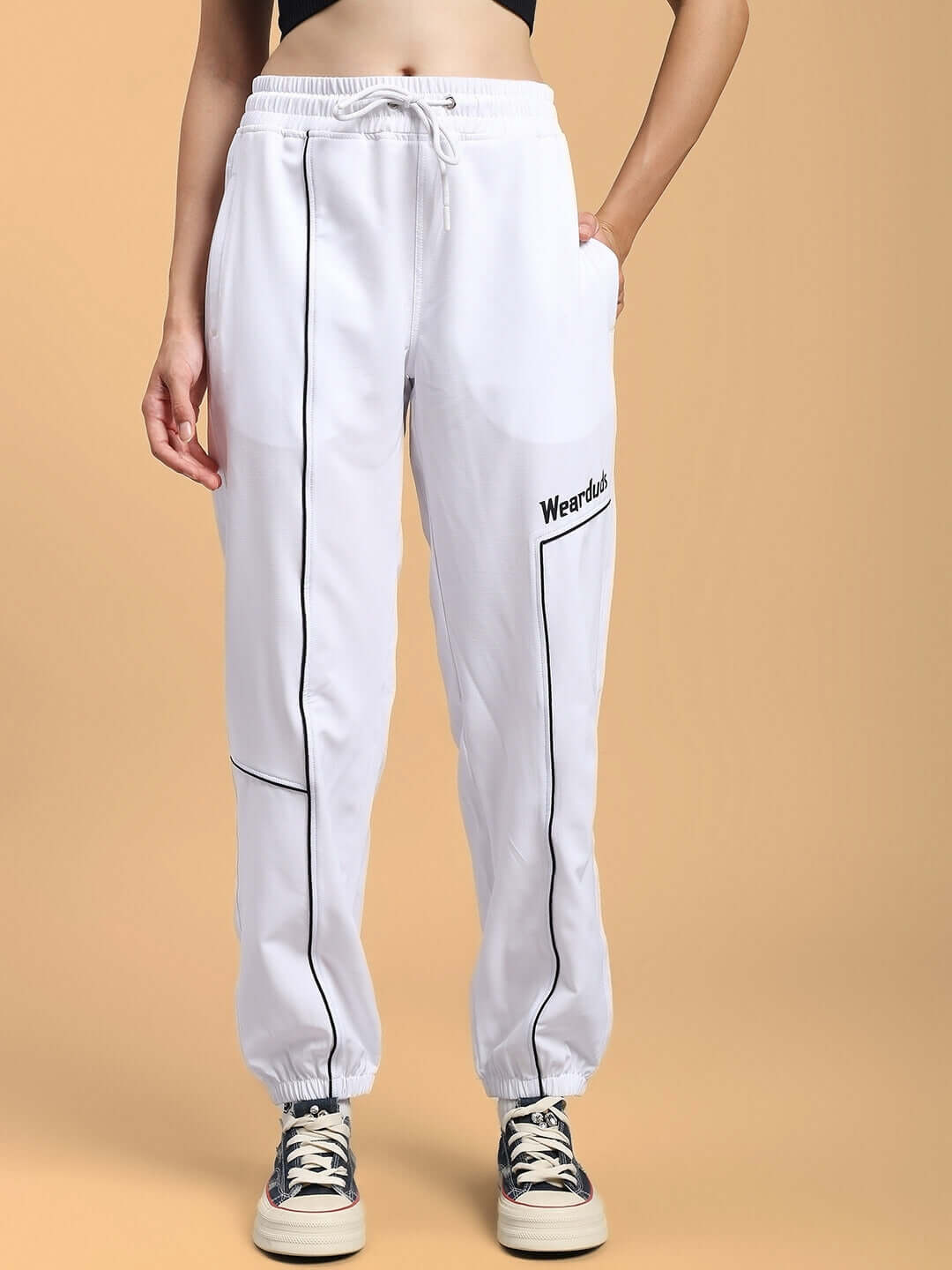 Women's Tokyo relaxed fit white joggers with adjustable drawstring by DUDS, tailored for comfort and style.