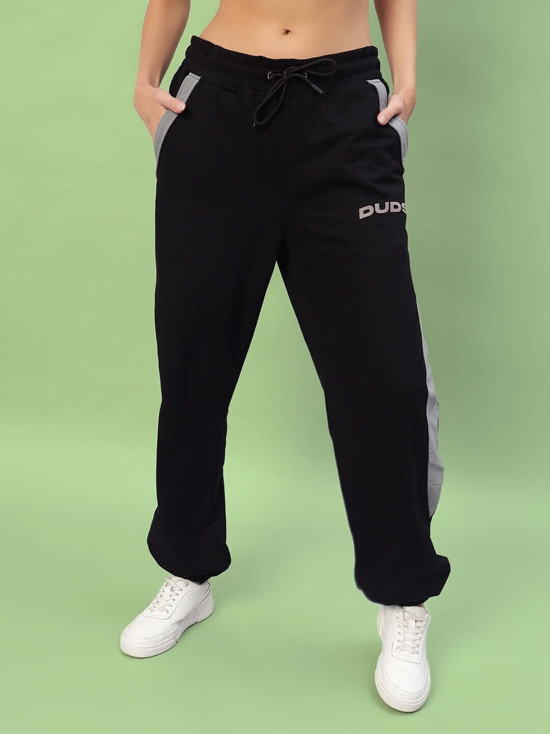 Women's black-grey baggy joggers from DUDS, featuring a relaxed fit, ideal for casual wear.