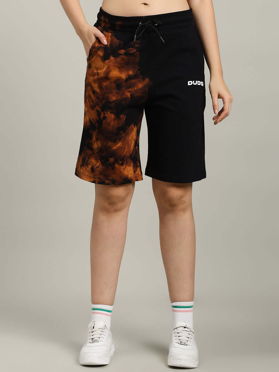 WOMEN'S TRICKSTER TIE-DYE CO-ORD SET BLACK, premium cotton blend shorts, stylish tie-dye design, casual wear, comfortable fit