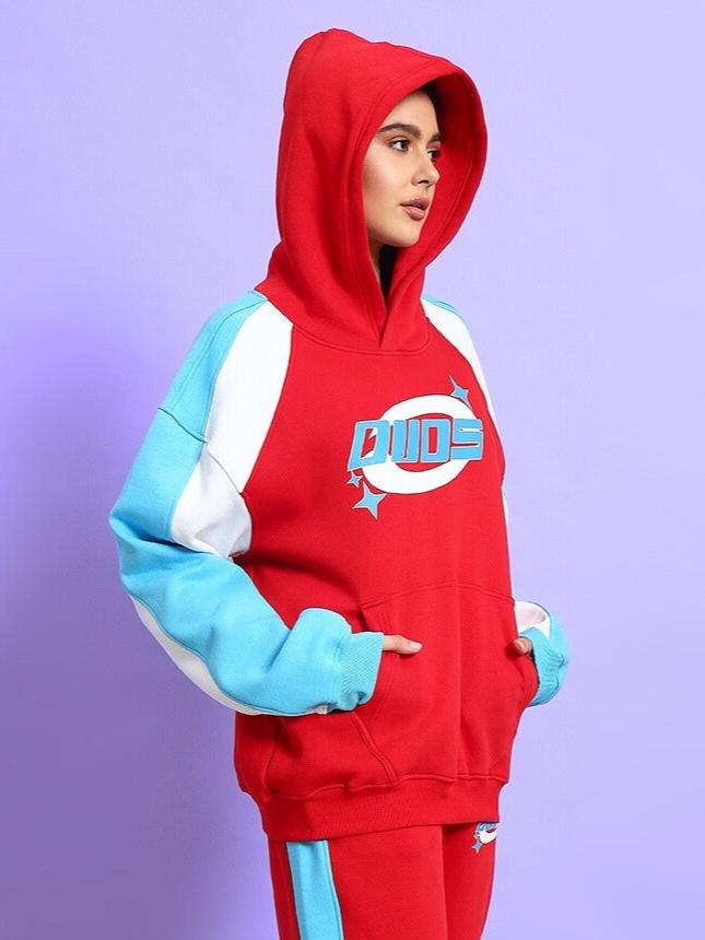 Woman wearing red colorblock hoodie and sweatpants, WOMEN'S TRUNKIT CO-ORD by DUDS