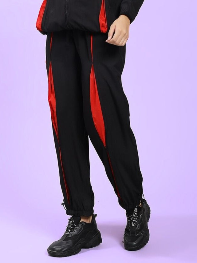 Women's Unison Relaxed-Fit Joggers Black Red with red accents, perfect for comfort and style.