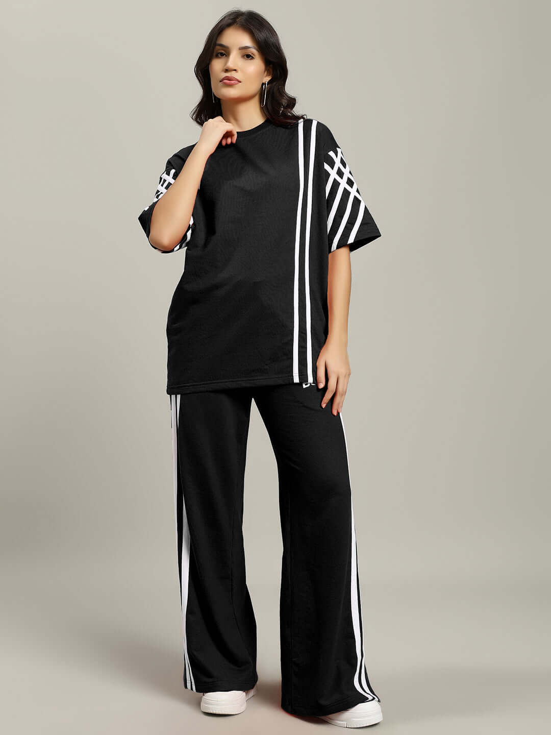 Women's United Stripe Co-Ord Set in Black, featuring premium cotton French terry fabric, elastane blend; stylish coordinated outfit.