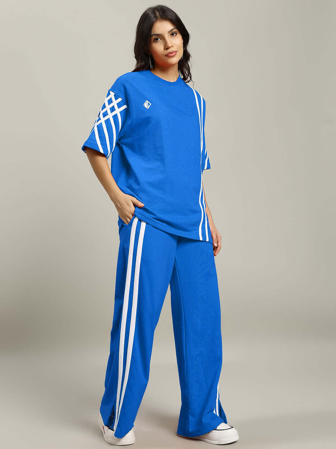 Women's blue striped co-ord set made of premium cotton French Terry fabric, featuring a stylish design ideal for casual wear.