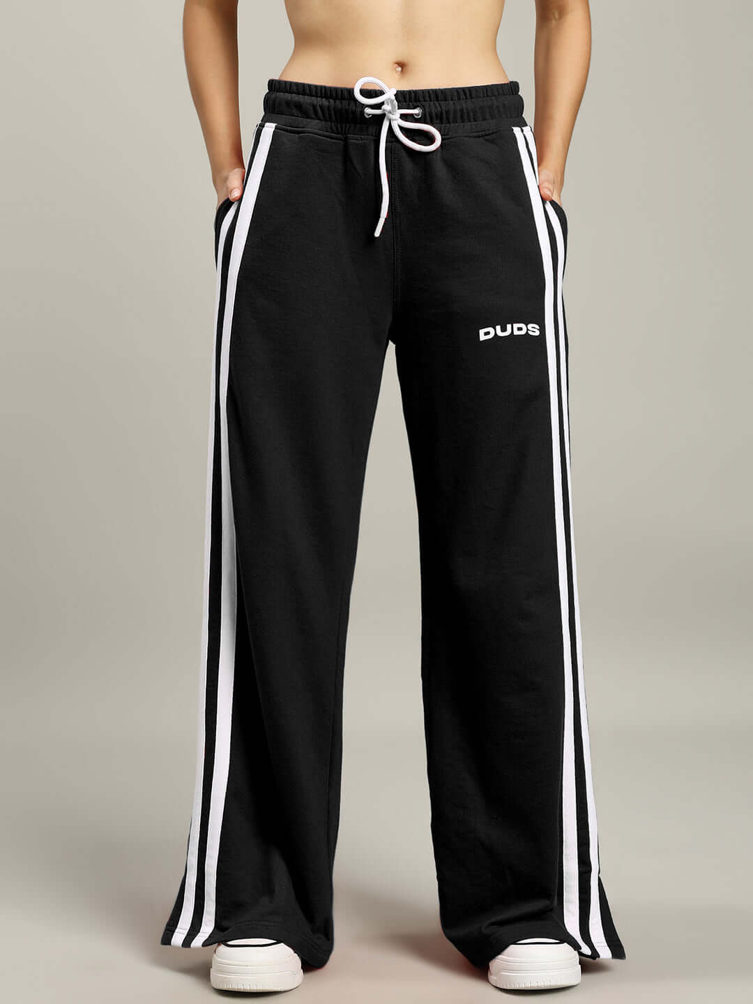 Women's United Stripe Joggers in Black by DUDS, featuring white stripes and customizable fit options.