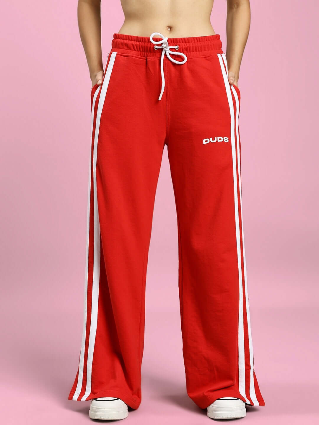 Women's United Stripe Joggers in Red by DUDS, featuring customizable fit, crafted by experienced tailors for ultimate comfort.