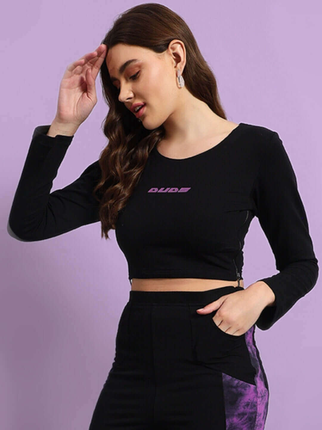 Alt Tag: Women's Viola Tie-Dye Crop Top in black and purple, premium cotton Lycra fabric, worn by model, stylish and comfortable fashion.