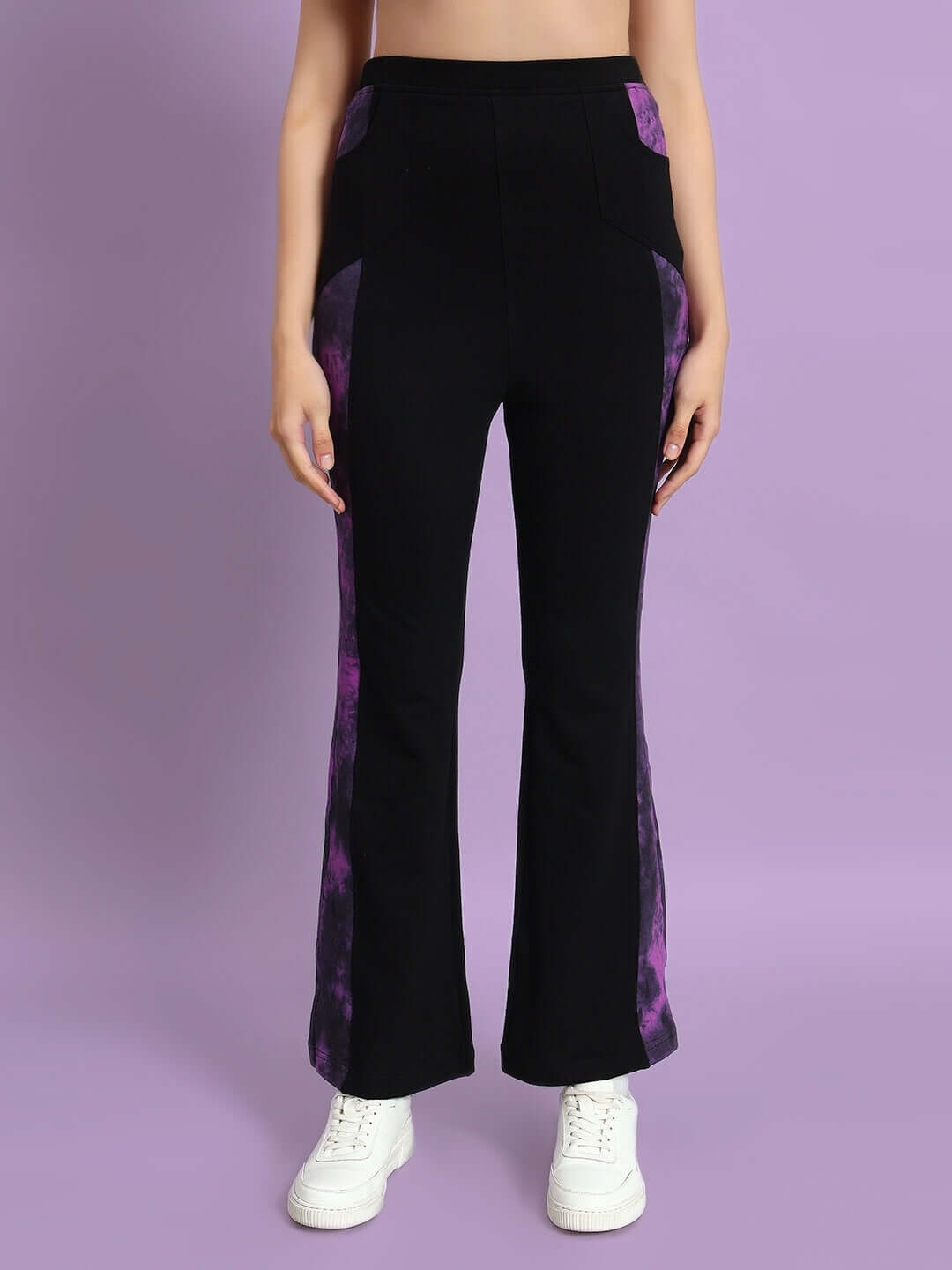 Women's Viola Co-Ord Set in black and purple with relaxed fit joggers, made from 100% cotton lycra, featuring an elasticated waistband.