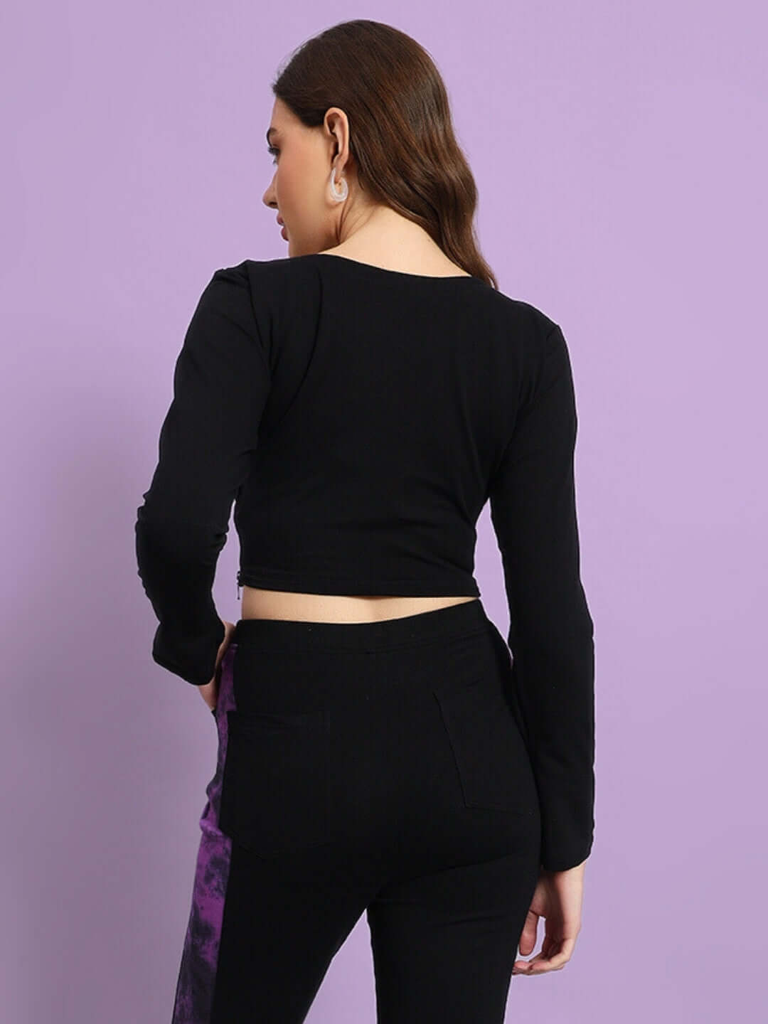 Back view of women's viola tie-dye crop top in black and purple, made from 100% cotton lycra, featuring a stylish and comfortable fit.