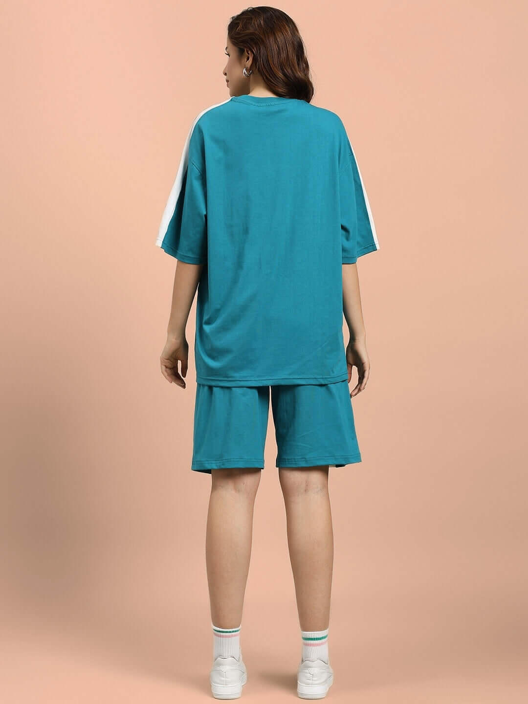 Back view of WOMEN'S WIDELINE SUMMER CO-ORD SET TEAL featuring premium fabric and relaxed fit.