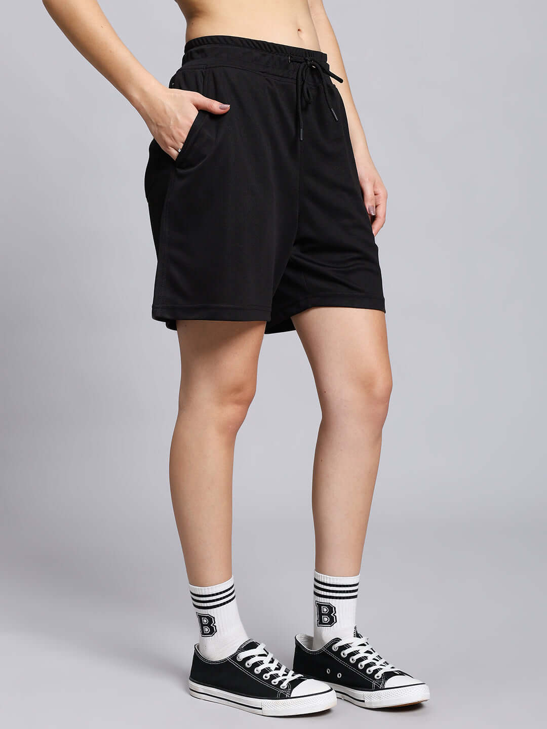 Women's Wily Tactical Regular Fit Black Shorts with Custom Fit Option, shown with pockets and drawstring for versatile style.