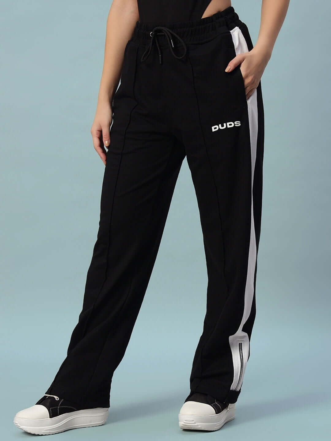 Women's Wonder Slit Zipper Joggers in Black-White by DUDS, featuring customizable fit and stylish side stripes.
