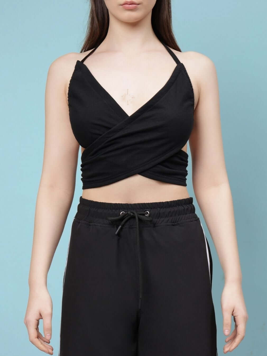 Women's Xavier Criss Cross Crop-Top in Black, featuring premium heavy gauge 100% cotton fabric, perfect for stylish comfort.