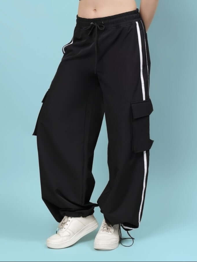 Women's black relaxed fit multi-pocket cargo pants with side stripe, designed for comfort and style, adjustable custom fit available.