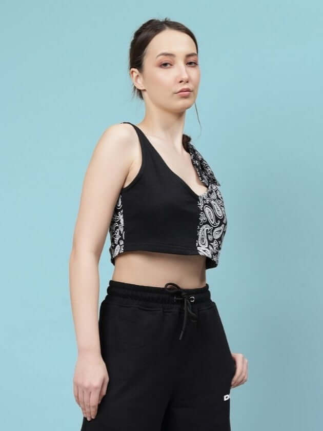 Model wearing Women's Ziya Crop-Top in black with paisley pattern, made from premium 100% cotton heavy gauge fabric, country of origin India.