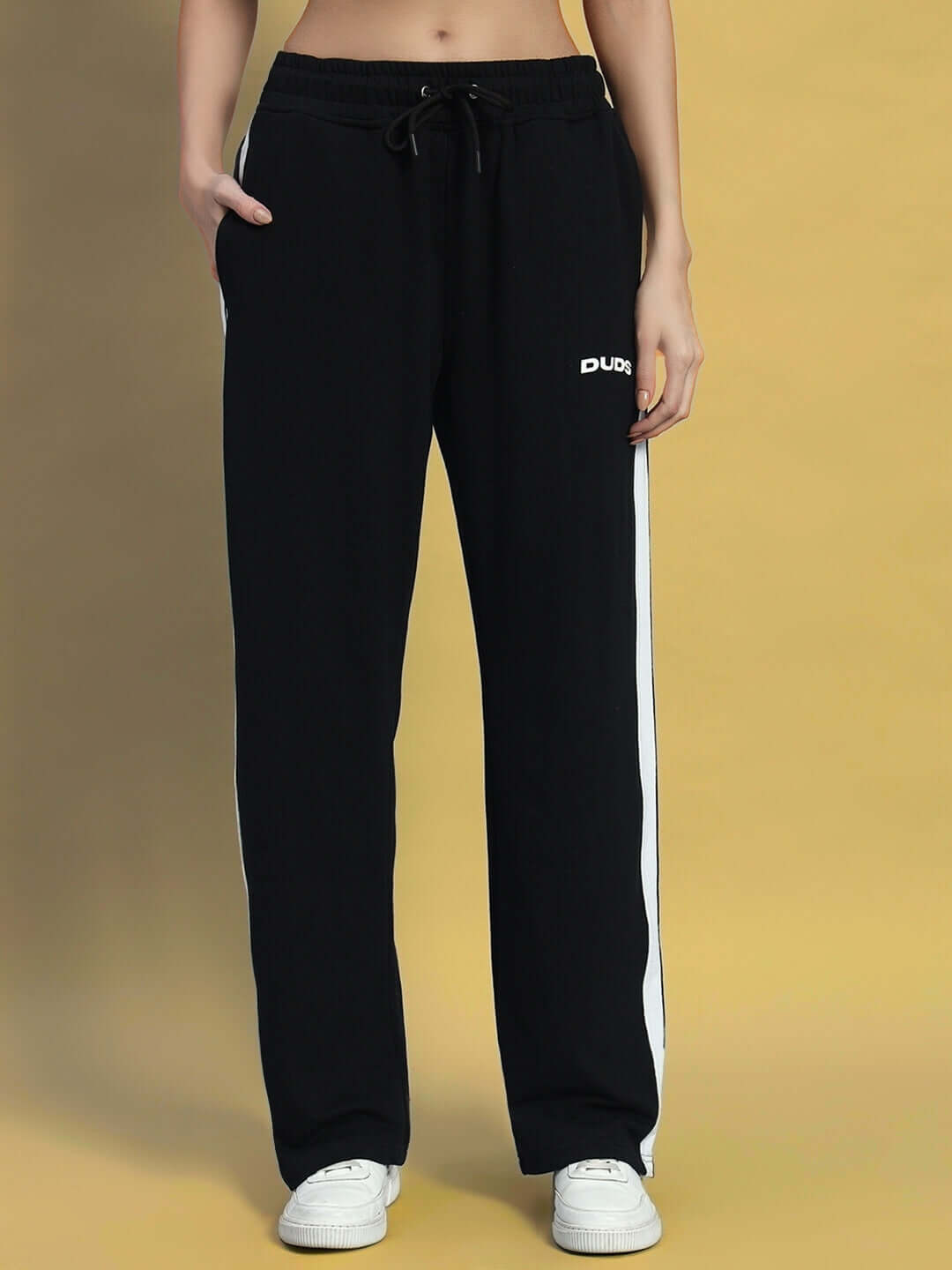 Women's Avalon Slit Zipper Joggers in Black-White by DUDS, featuring classic design, customizable fit options, and premium craftsmanship.