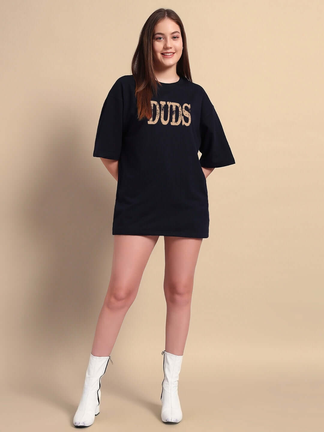 Model wearing WOMENS HORNED FIGURE CREATIVE PRINT OVERSIZED T-SHIRT BLACK, showcasing streetwear style with art-inspired graphics.