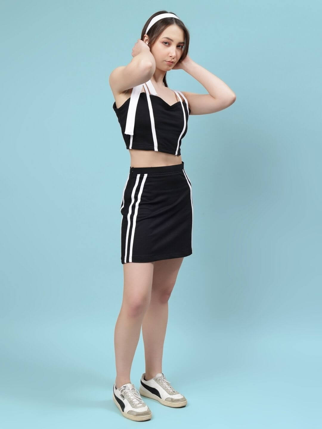 Women's Simone Co-Ord Set in black cotton, featuring a stylish top and skirt combo, ideal for chic fashion and casual outings.