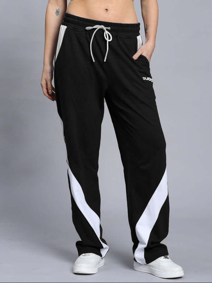Women's black-white relaxed fit jogger pants with custom fit option, styled for comfort and made to order by DUDS.