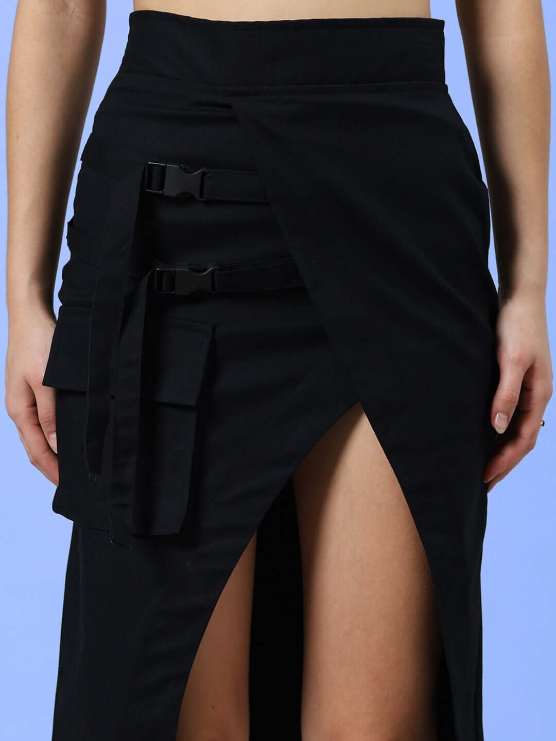 Women's black designer skirt with side slit and buckle details, customizable fit available for secure prepaid orders.