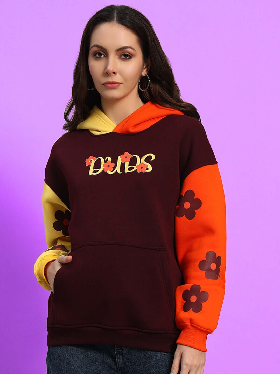 Women's Cosmos Oversized Fleece Hoodie Multi with floral design and vibrant colors, perfect for casual fashion.