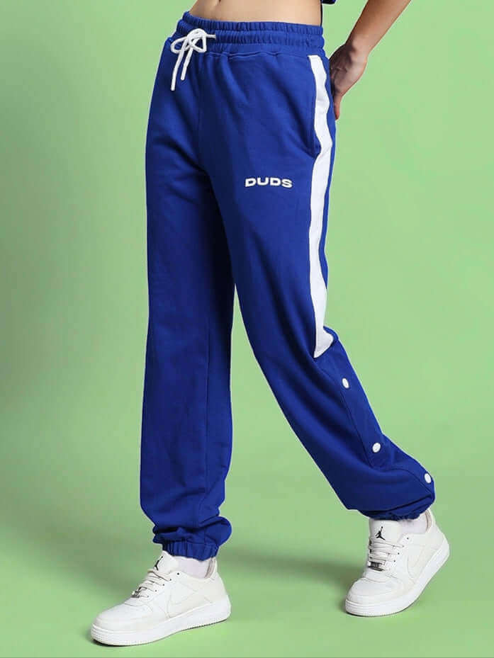 Women's High Point Contrast Joggers in Royal Blue by DUDS, featuring a custom fit option and crafted by skilled tailors.