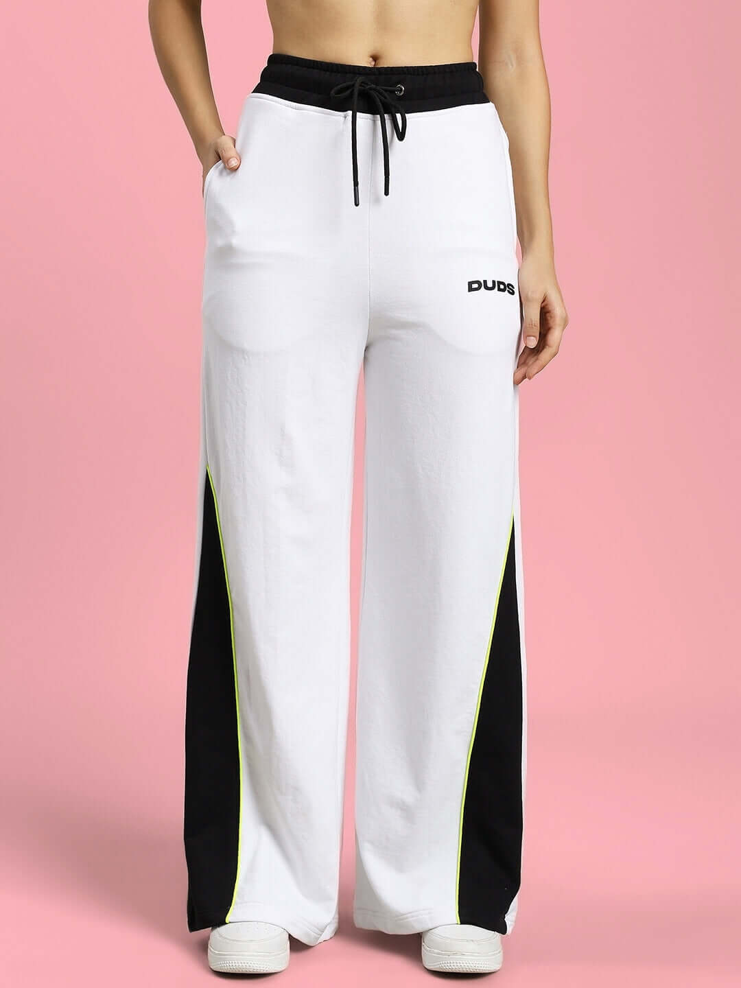 Women's Larissa wide ankle relaxed-fit joggers in white-black with drawstring waist, designed by DUDS.