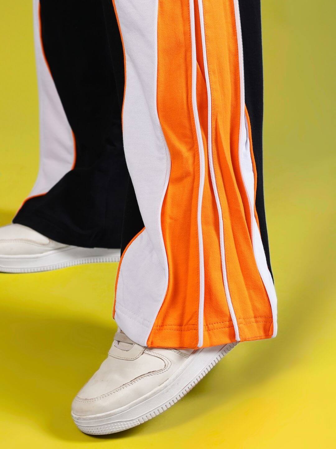 WOMEN'S MYSKY CO-ORD SET WHITE BLACK ORANGE vibrant pants detail in premium cotton-blend fabric, showcasing trendy streetwear fashion by WEAR DUDS.