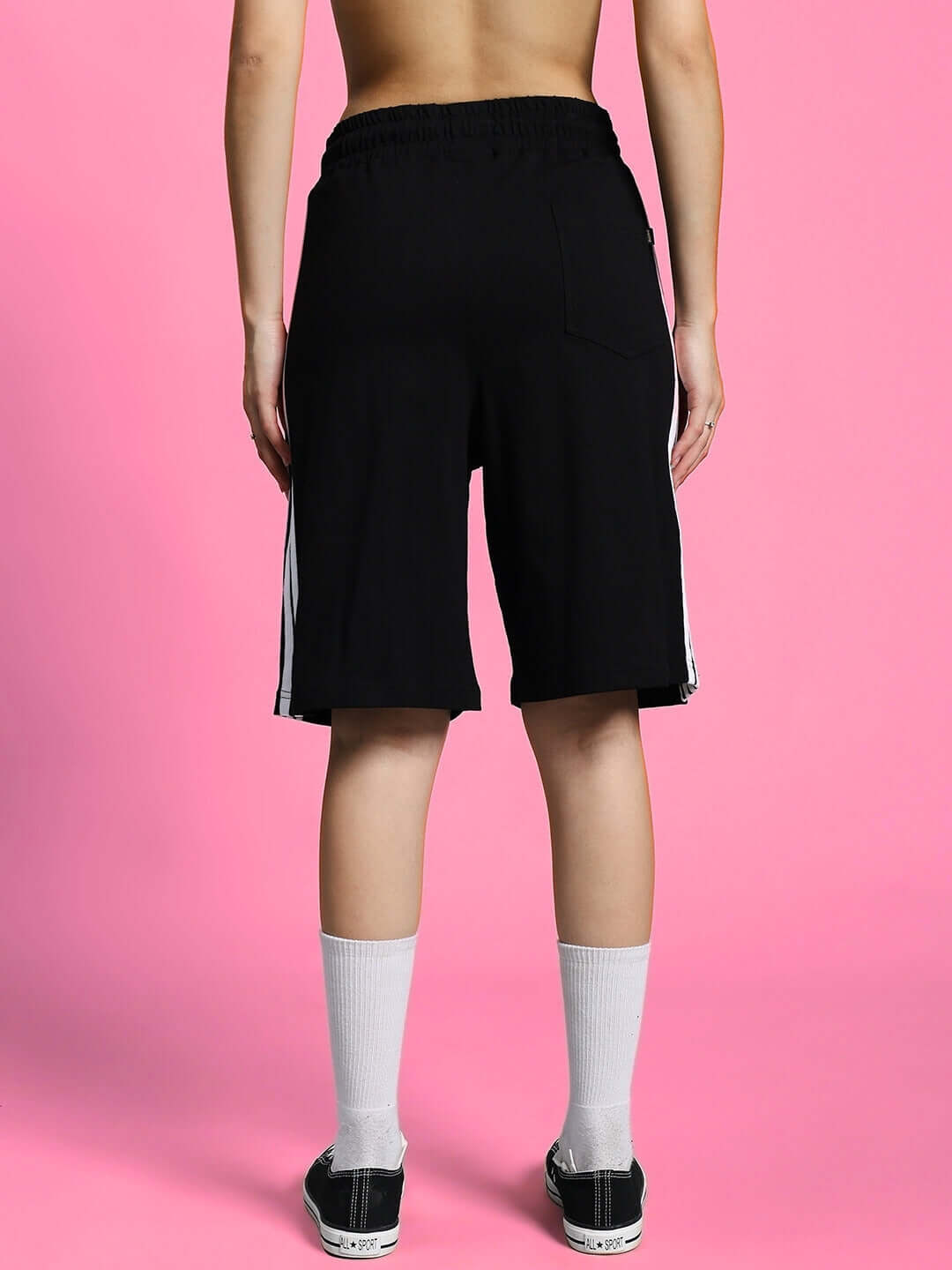 Women's black regular fit shorts, back view. Ideal for customization with 'Custom Fit' option. Available under women's parka collection.