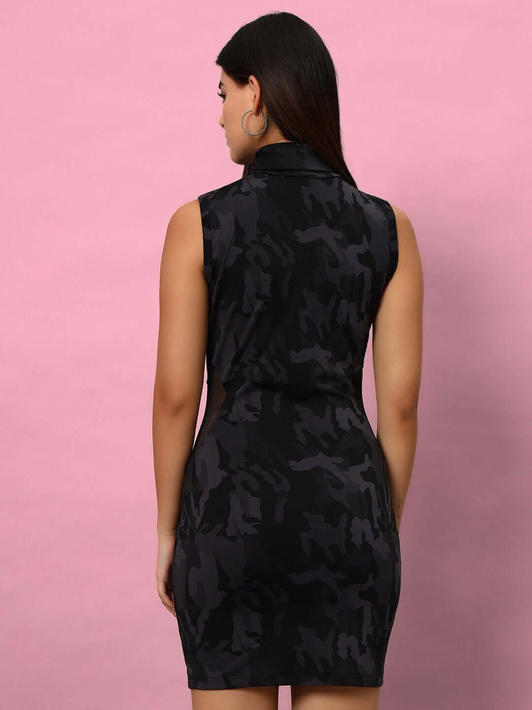 Back view of a woman wearing a Women's Passion Dress with Reflector Piping in Camo Blue, featuring a sleek design and soft fabric.