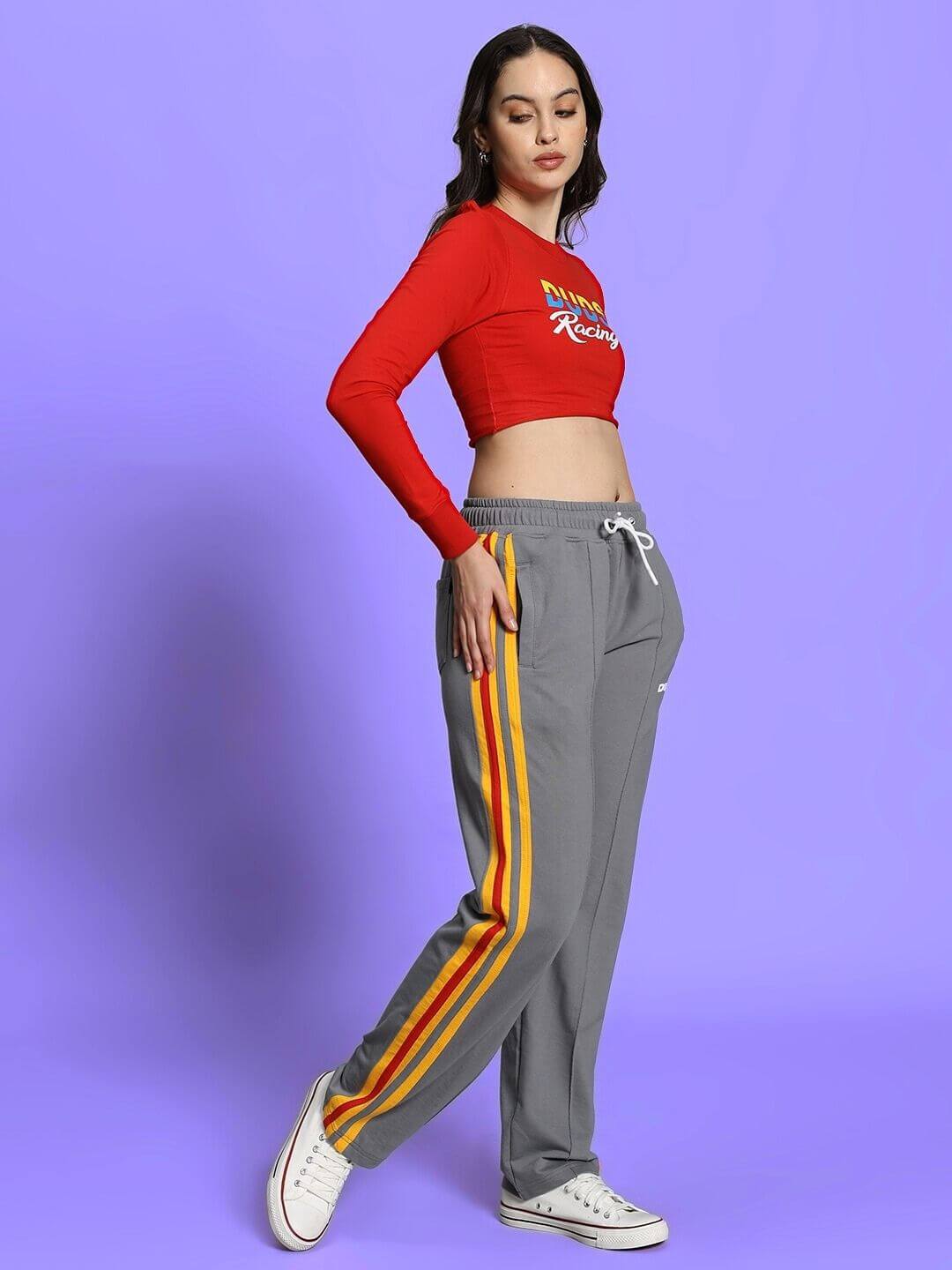 Women's Rossi Racing Co-ord Set in red and grey with unisex joggers, featuring elastic waistband and drawstring, displayed by a model.