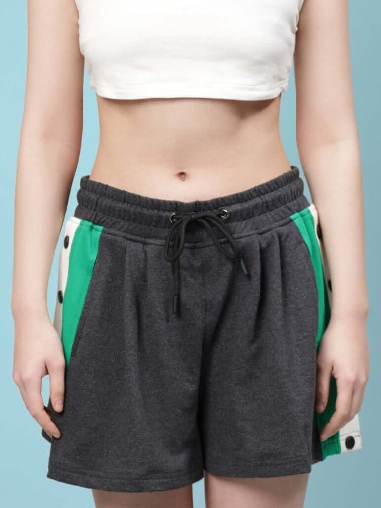 Women's Sammie Shorts in dark grey with green accents, featuring a customizable fit option for comfort and style.