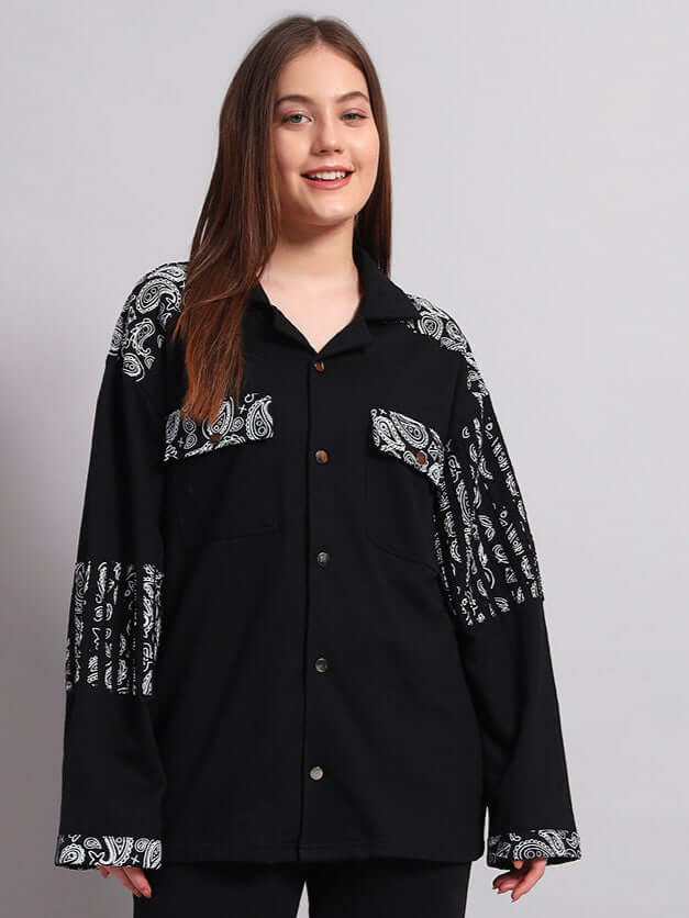 Women's black Sanganeri shirt with white patterns, featuring custom fit option, crafted by DUDS tailors.