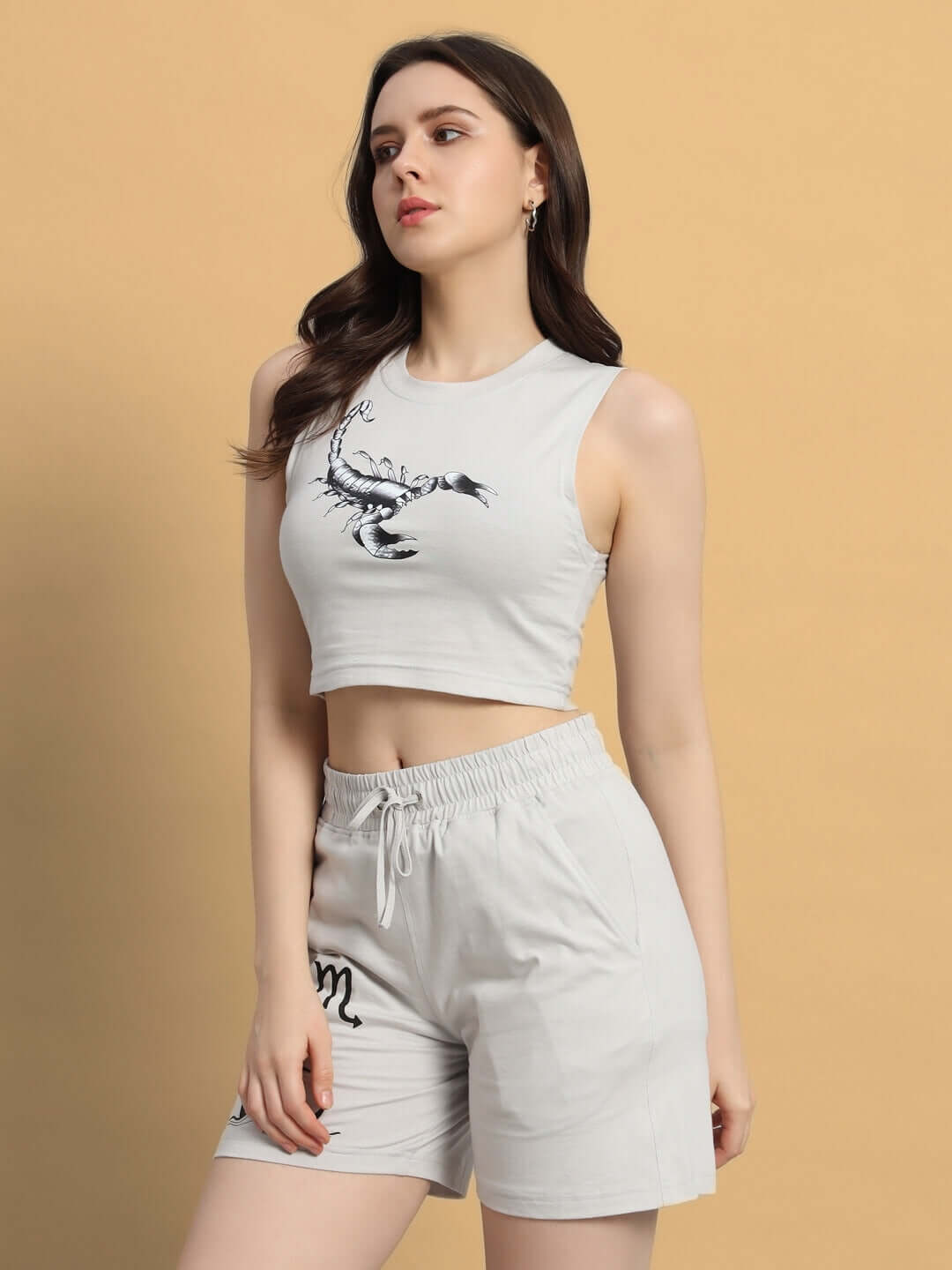 Model wearing Women's Scorpius Co-Ord Set in grey, featuring premium cotton fabric and printed design.