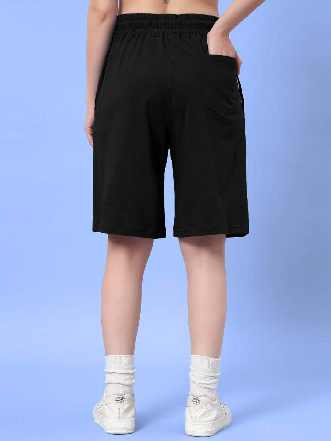 Back view of Women's Think Big Summer Shorts in black, showcasing comfortable fit and pocket detail.