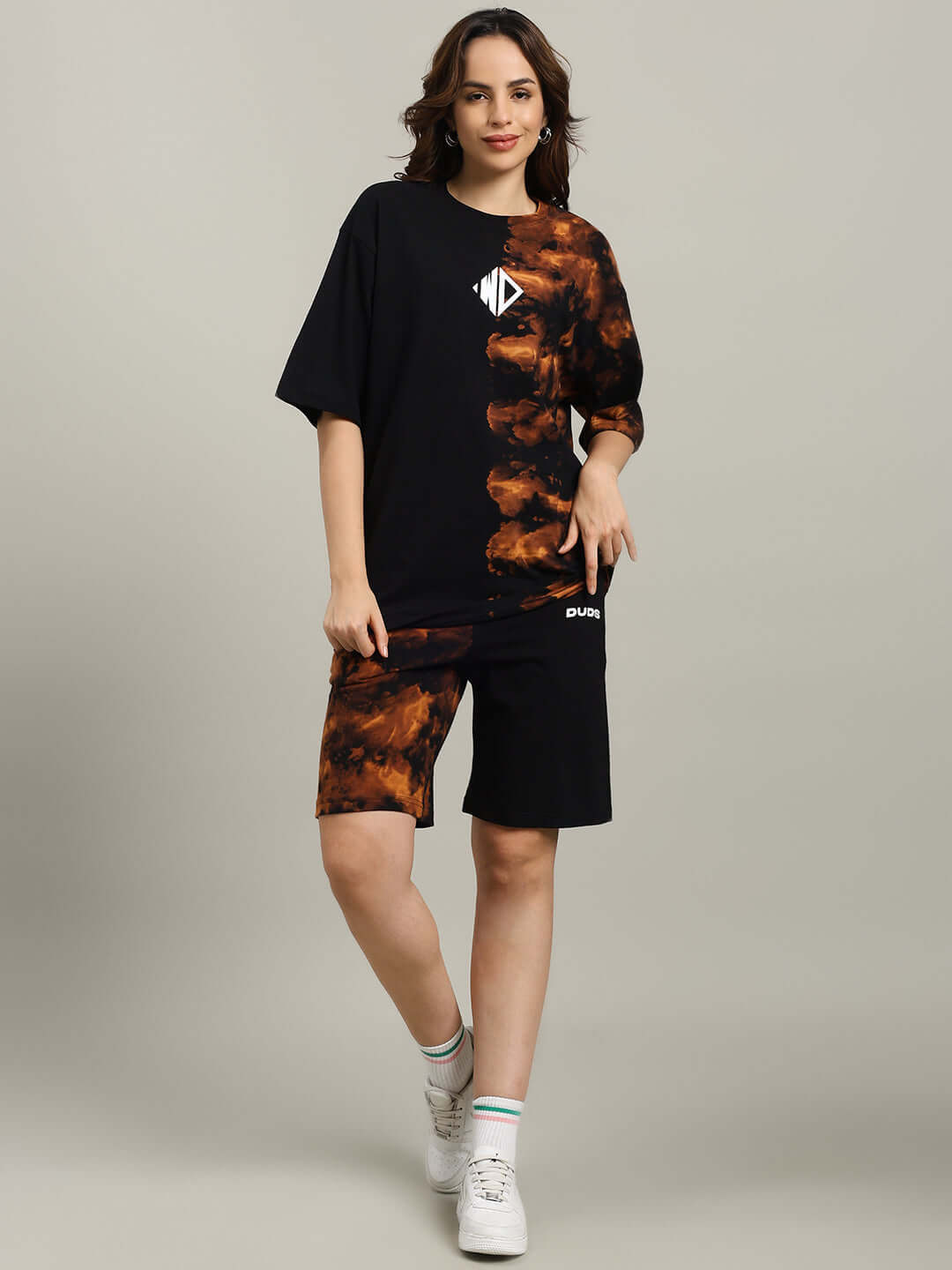 Model wearing WOMEN'S TRICKSTER TIE-DYE CO-ORD SET BLACK with premium fabric and stylish design.