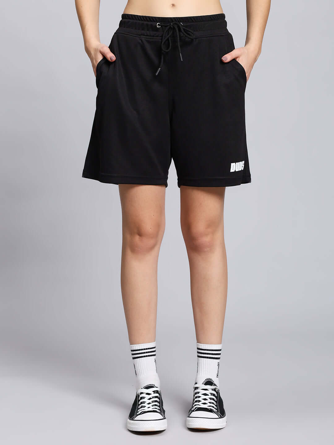 Women's Wily Tactical Regular Fit Shorts in Black, available in custom sizes for prepaid orders, made with precision by DUDS.